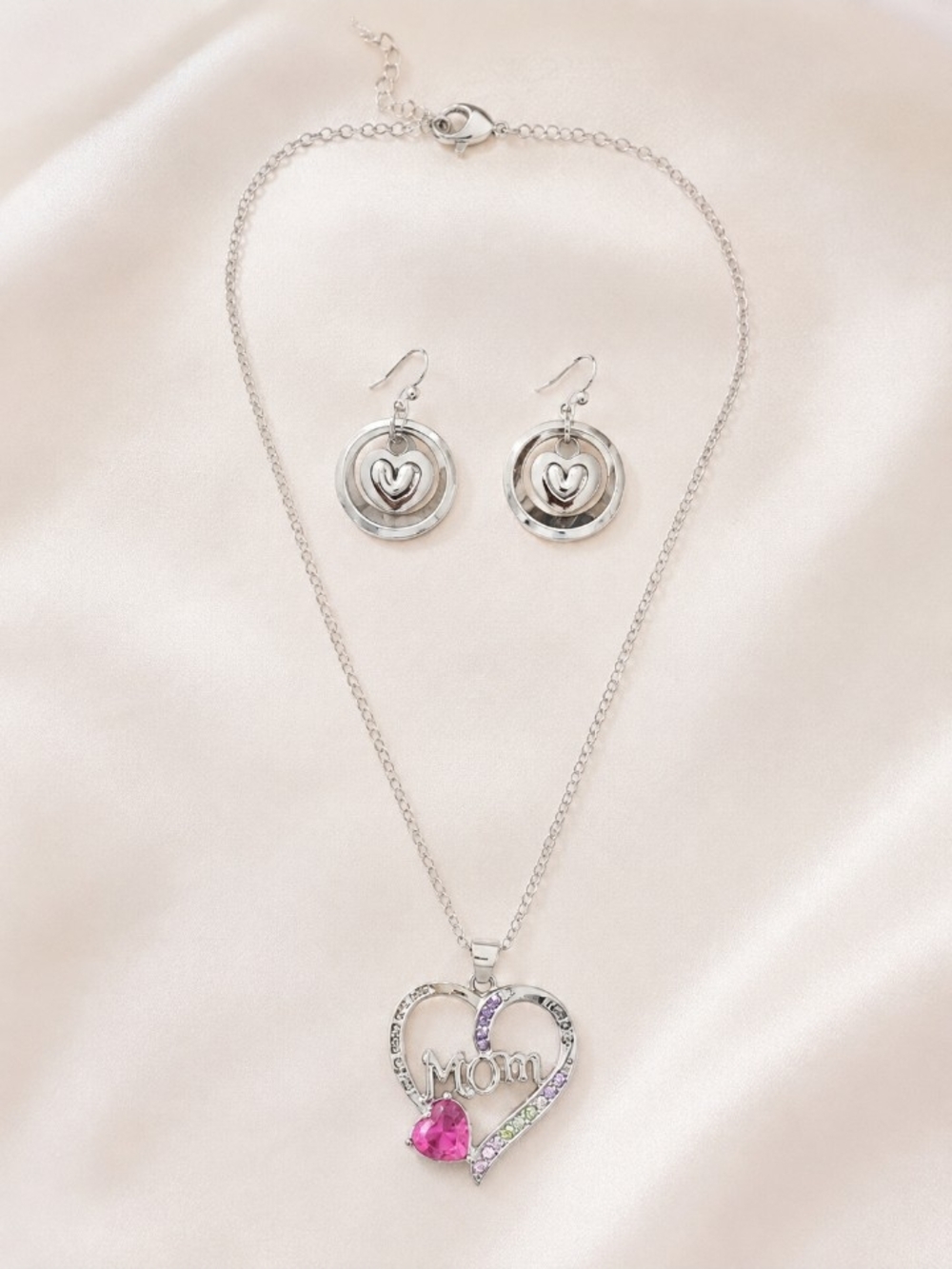 Sterling Silver 'Mom' Heart Pendant Necklace & Earrings Set - Pink Accent